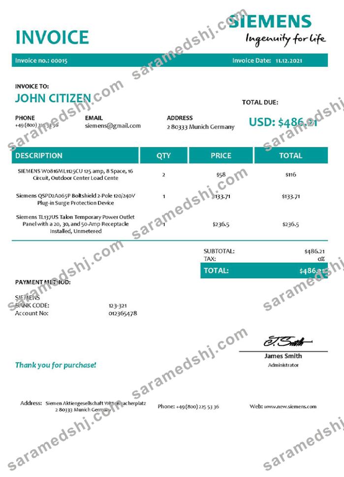 USA Siemens invoice